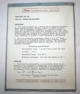 4923-l10 Arthur H. Thomas Company 1960s Technological Service Directions For Use 4923-l10. Sodium Ion Electrode