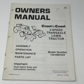134-698-054 Coast To 1984 5 Speed Transaxle Lawn Tractor Owners Maintenance Manual