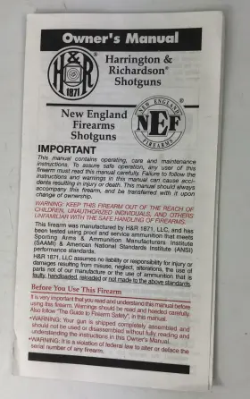 S01863h H&r Nef Shotguns Owners Manual 2004 Style 7.5 X 4.5 Inch Foldout Pamphlet