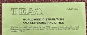 51010000 Teac 1983 Vintage Worldwide Distributors And Servicing Facilities 6 Page Fold-out