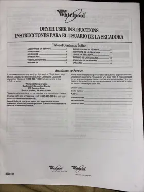 8578183 Whirlpool Dryer User Instructions 2006 English And Spanish