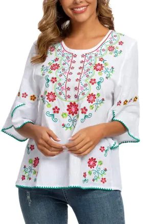 Yzxdorwj 724545088957 Mexican Shirts Peasant Blouses For Women Cotton Embroidered Fiesta Su