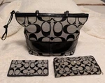 Coach 2008 Black & Gray Signature Stripe Tote Canvas/leather Purse + Wallet Set. Fixed Price $50.00.