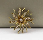 1890'S Sun Motif 0.06 Diamond Seed Pearl Brooch 14 Karat Yellow Gold 32 Mm Round. Fixed Price $539.99.